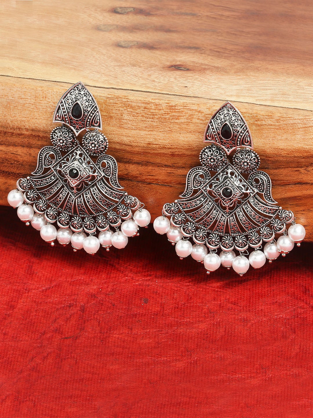 

OOMPH Silver-Toned & White Pearl Studded Oxidised Drop Earrings