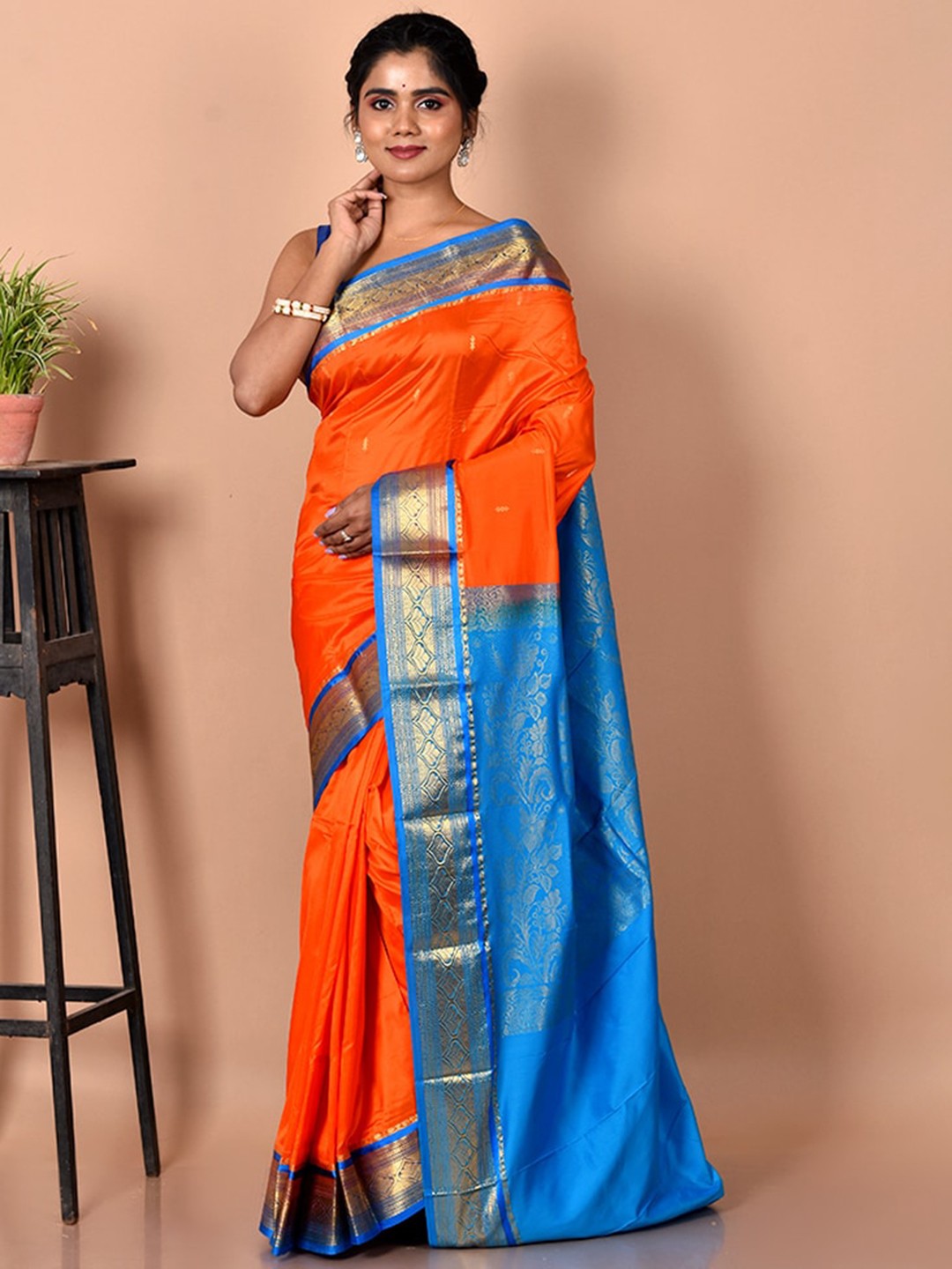 

AllSilks Orange & Blue Woven Design Zari Pure Silk Kanjeevaram Saree