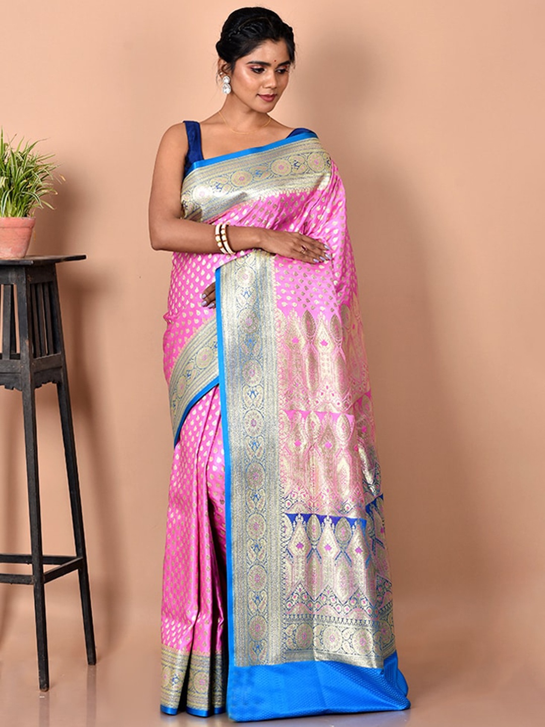 

AllSilks Pink & Blue Woven Design Zari Silk Blend Banarasi Saree