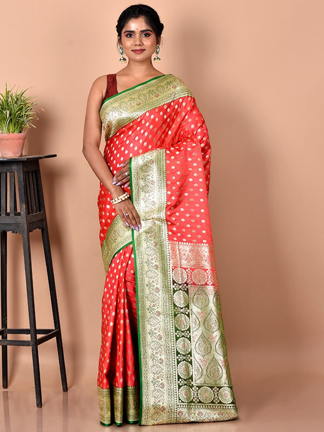 

AllSilks Red & Green Woven Design Zari Silk Blend Banarasi Saree