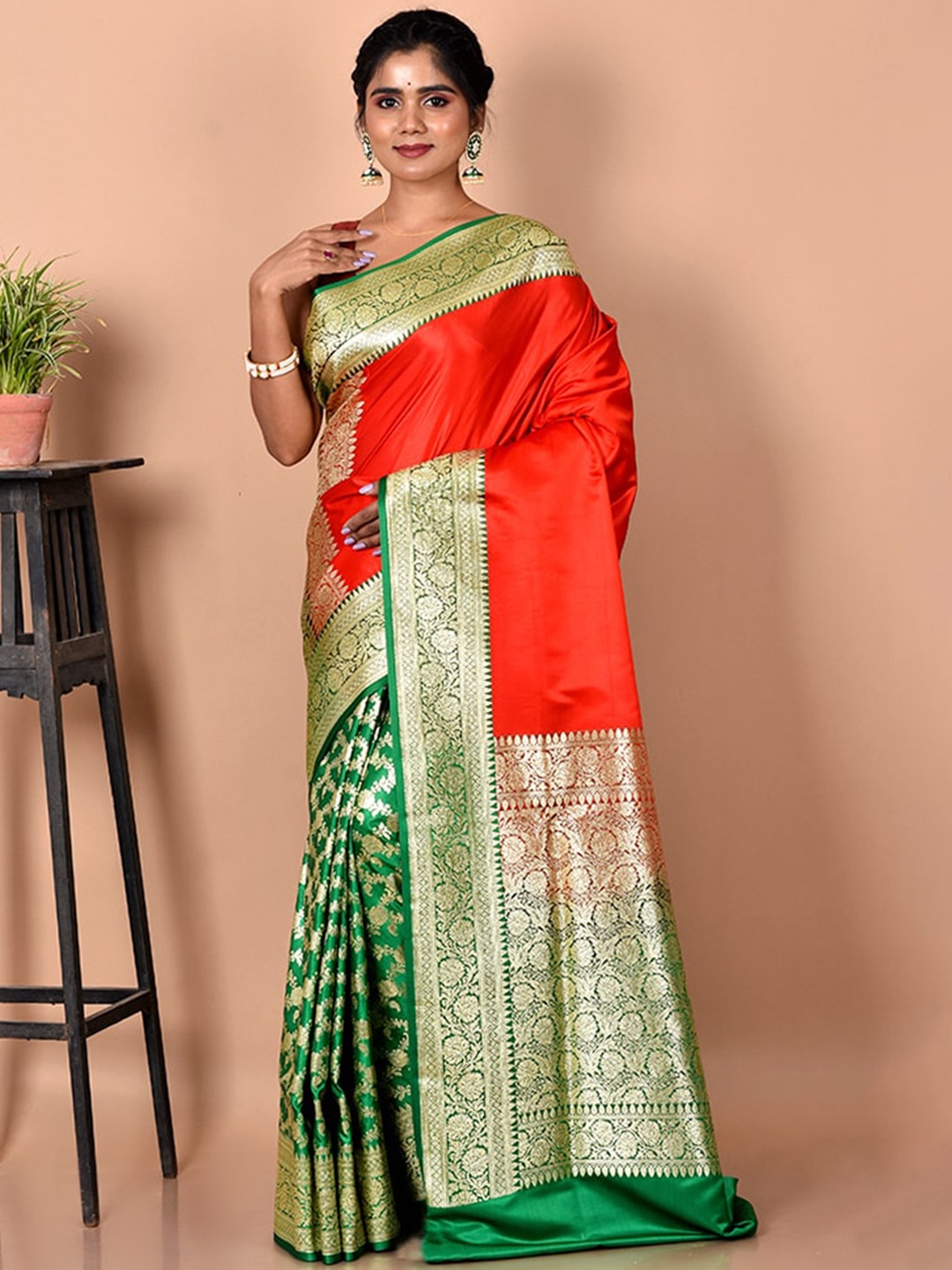 

AllSilks Red & Green Woven Design Zari Silk Blend Banarasi Saree
