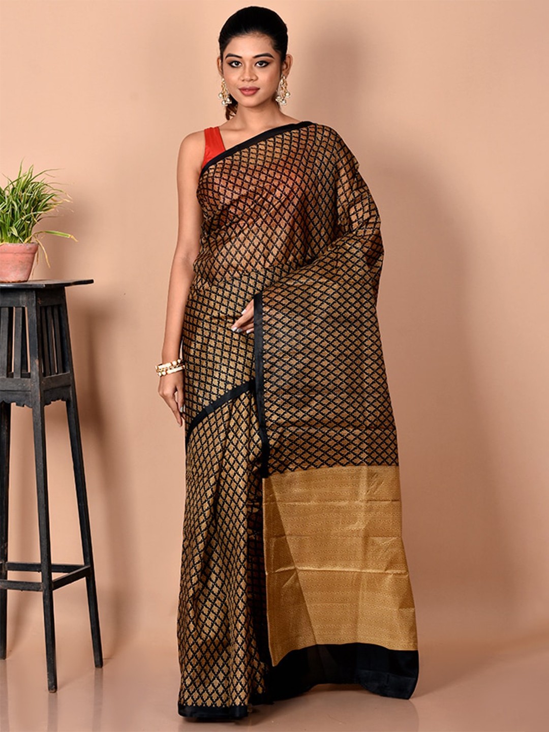 

AllSilks Black & Gold-Toned Ethnic Motifs Zari Pure Silk Block Print Saree