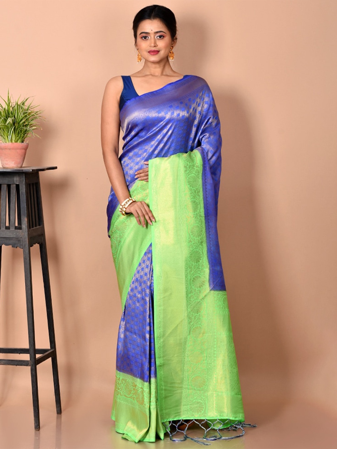 

AllSilks Blue & Green Woven Design Zari Silk Blend Saree