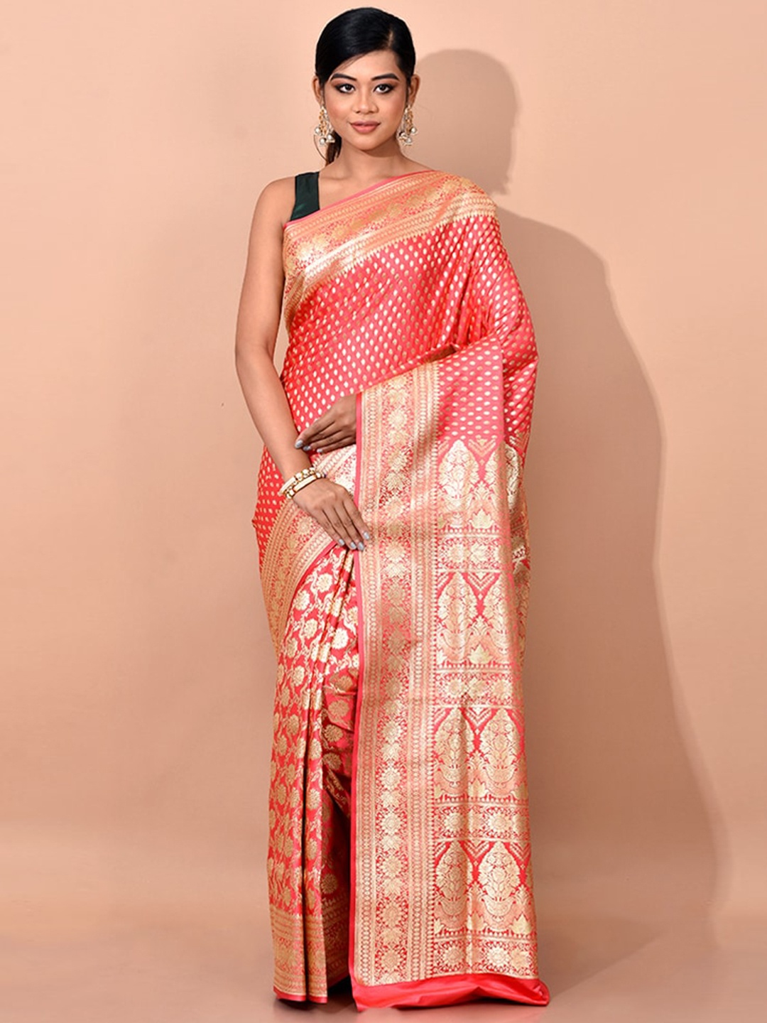 

AllSilks Pink & Gold-Toned Ethnic Motifs Zari Banarasi Saree