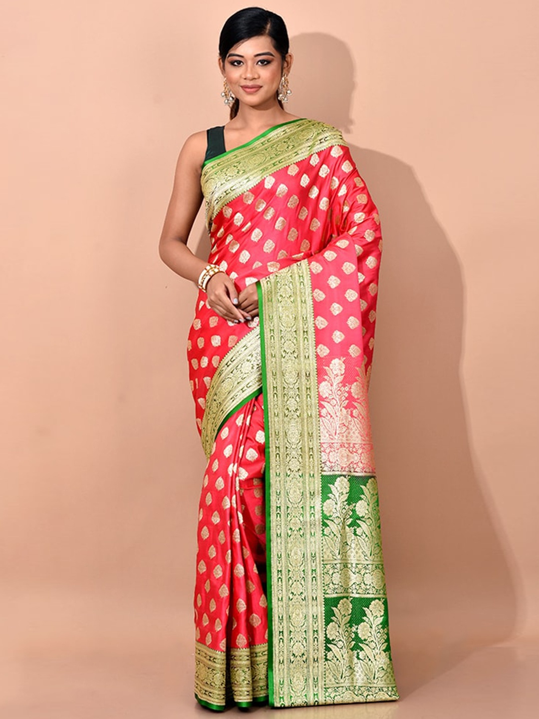 

AllSilks Pink & Green Ethnic Motifs Zari Banarasi Saree