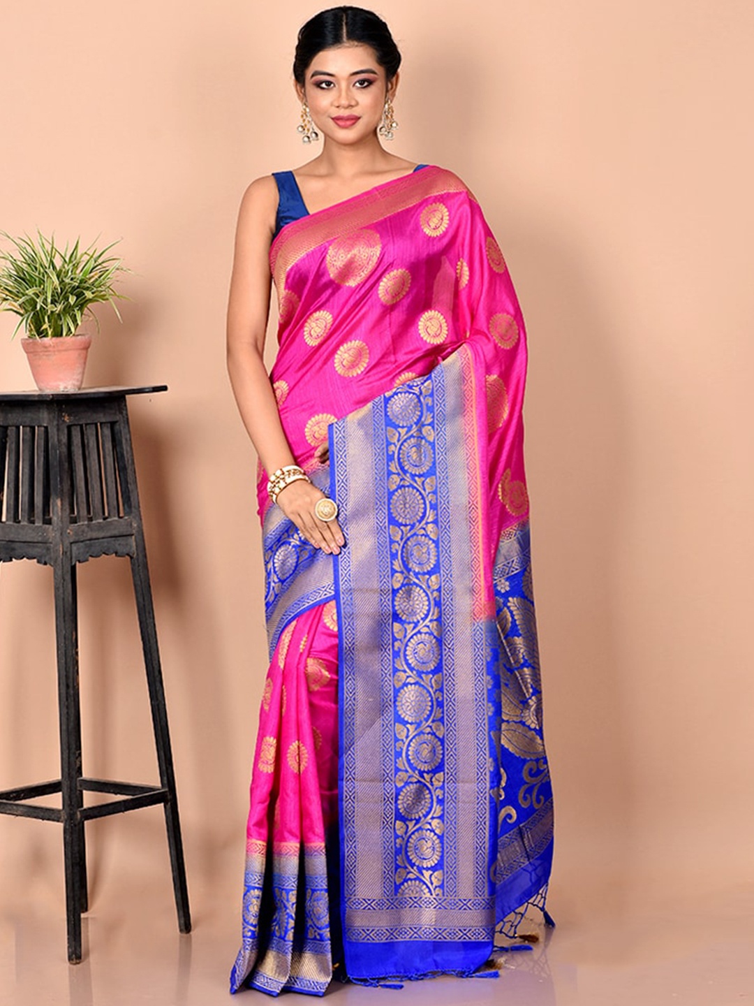 

AllSilks Pink & Blue Ethnic Motifs Zari Saree