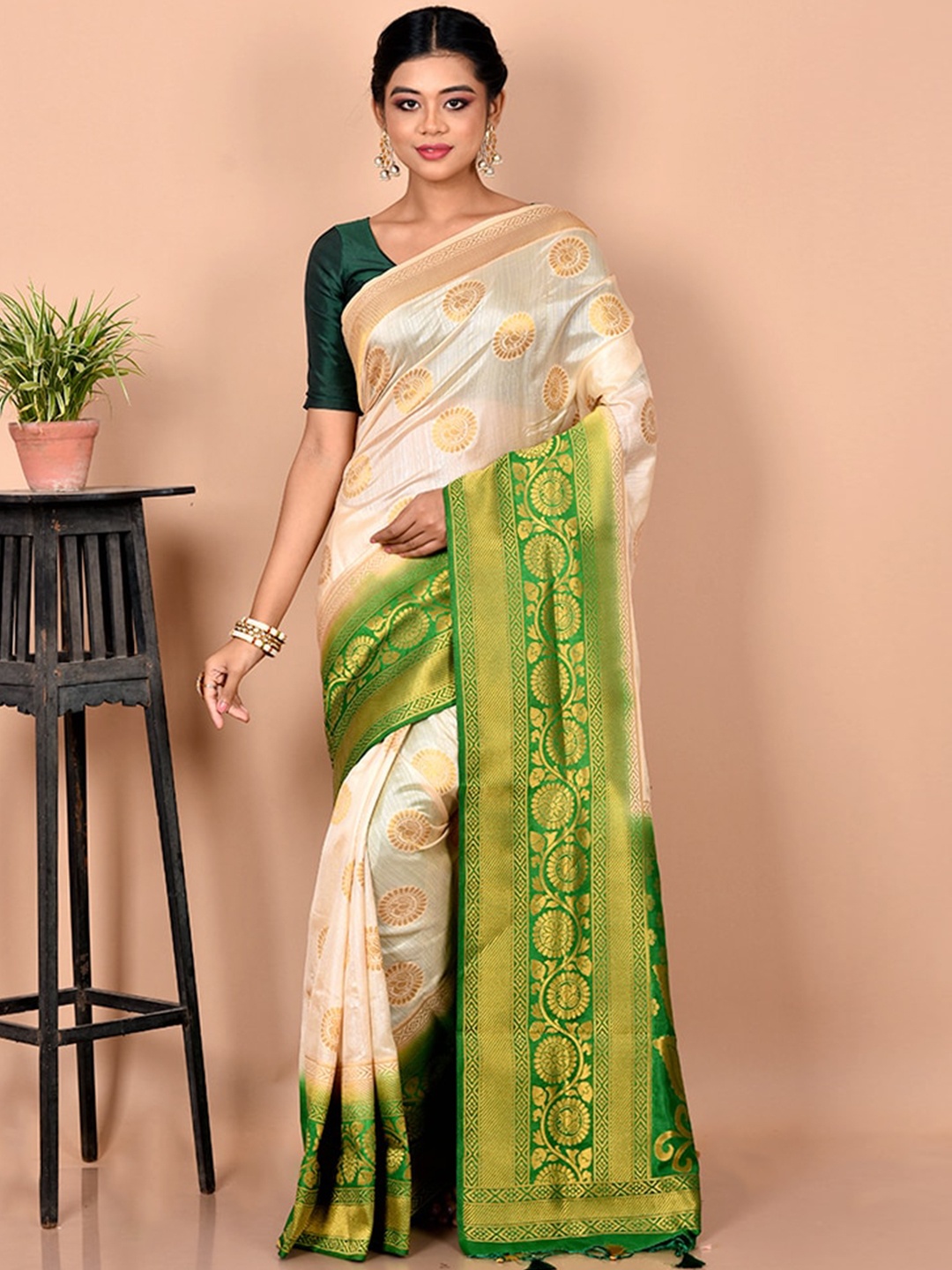 

AllSilks Cream-Coloured & Green Ethnic Motifs Zari Saree