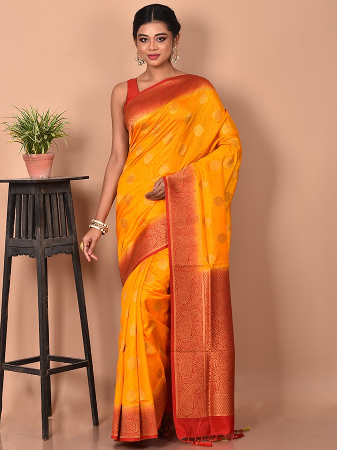 

AllSilks Yellow & Red Ethnic Motifs Zari Saree