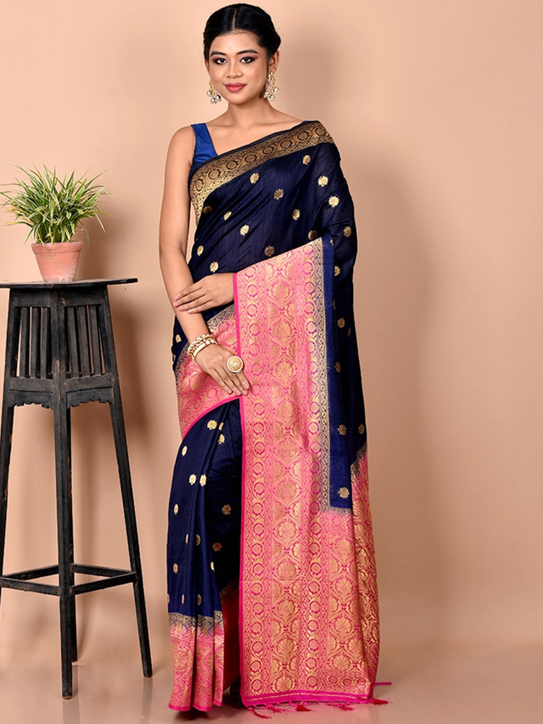 

AllSilks Blue & Pink Ethnic Motifs Zari Saree