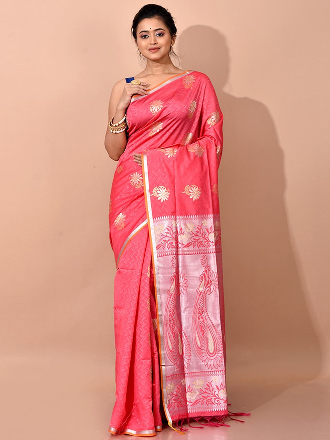 

AllSilks Pink & Silver-Toned Woven Design Zari Silk Blend Kanjeevaram Saree