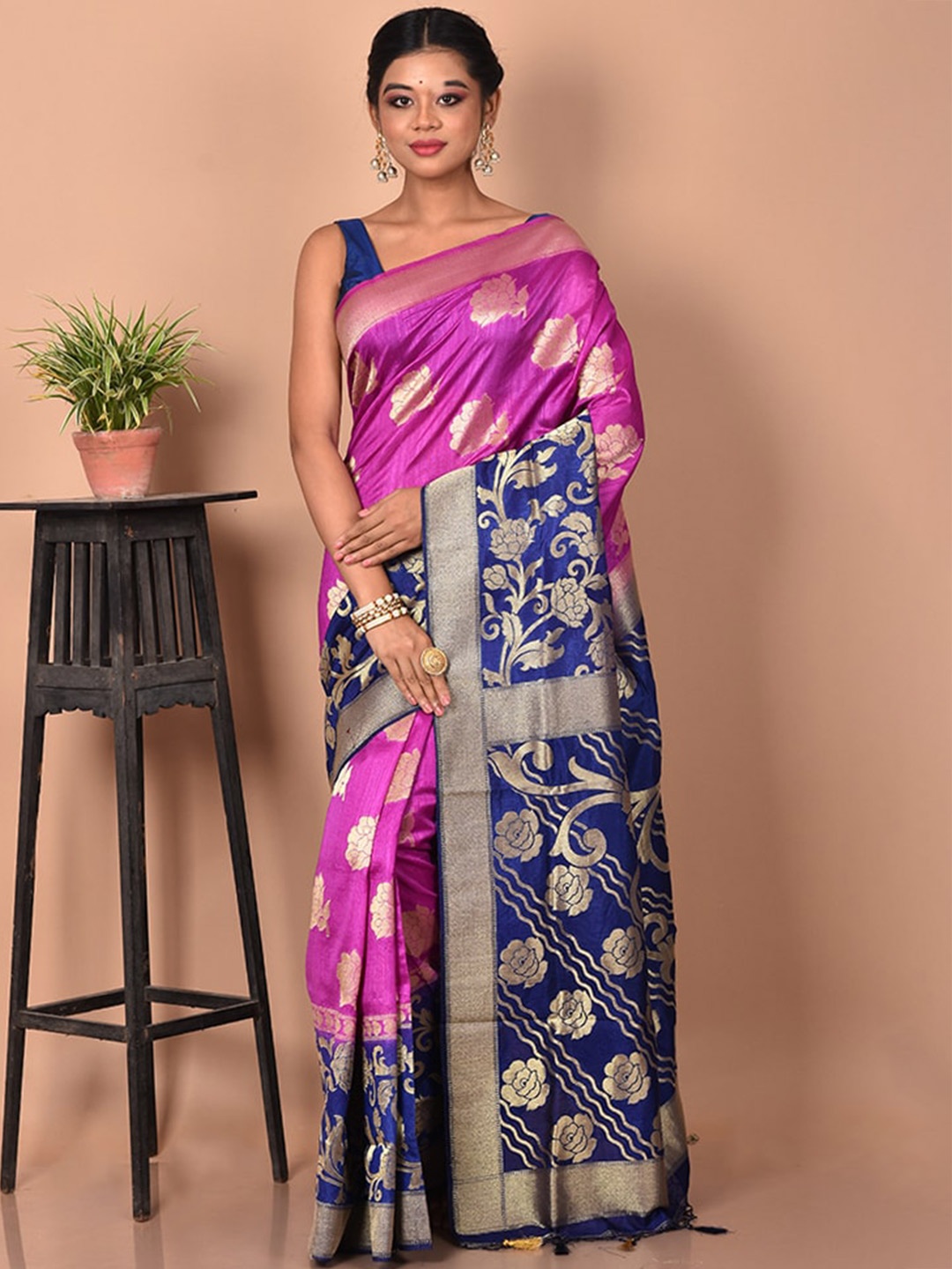 

AllSilks Purple & Blue Ethnic Motifs Zari Saree