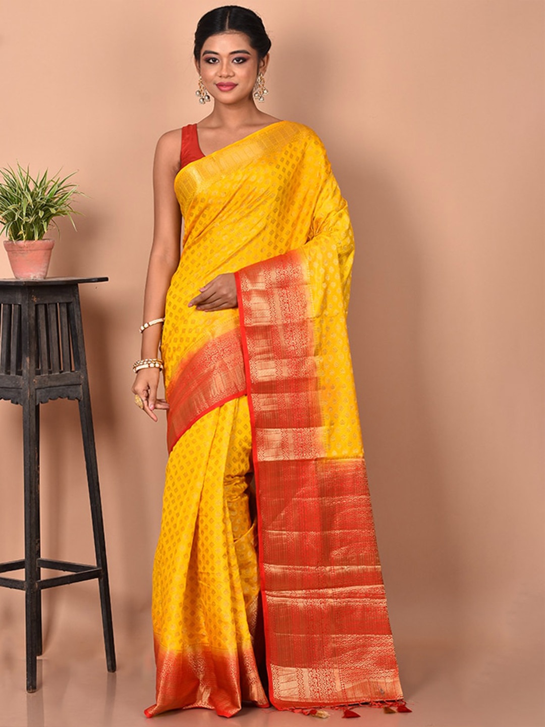 

AllSilks Yellow & Red Woven Design Zari Silk Blend Saree