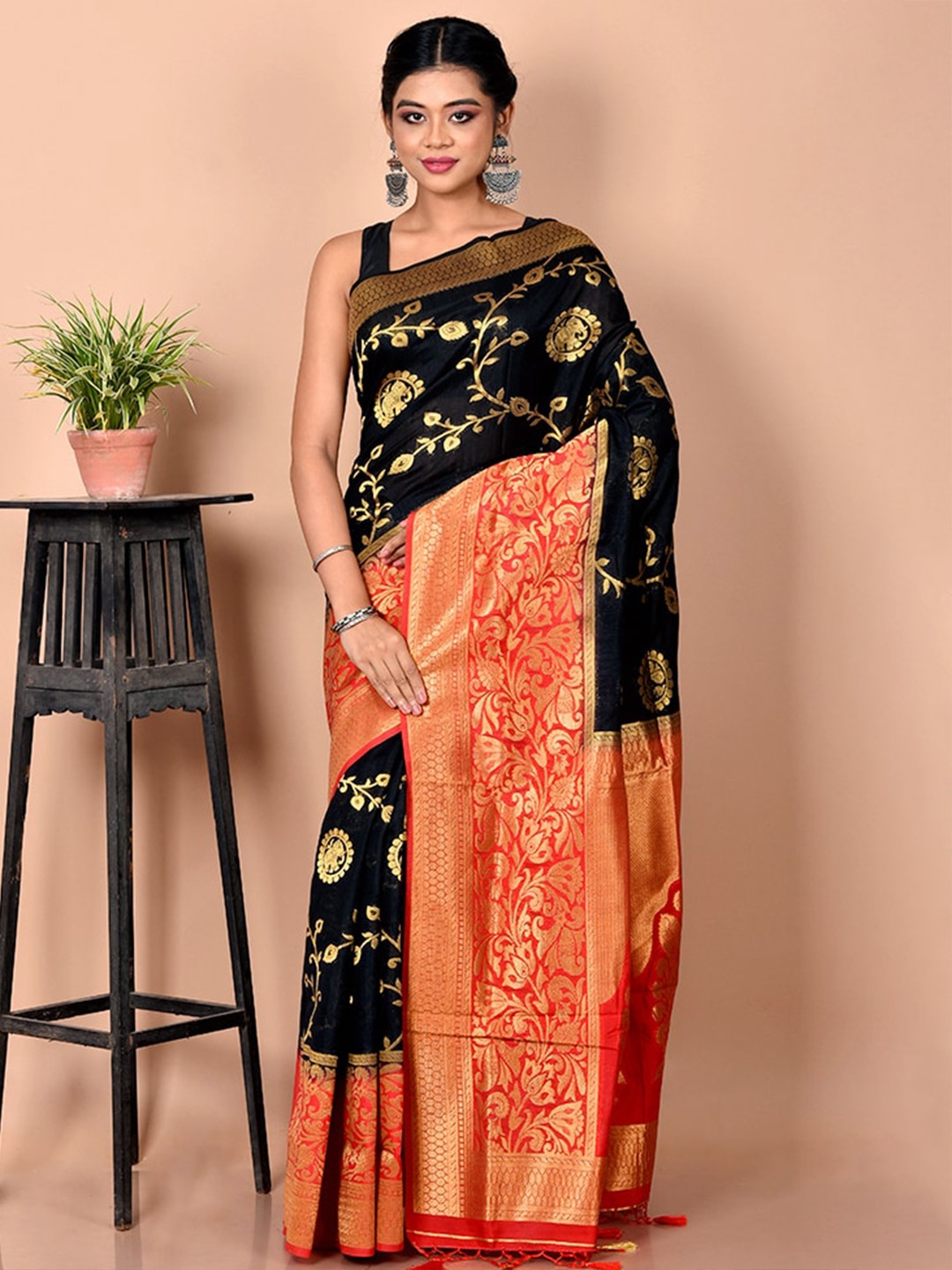

AllSilks Black & Red Ethnic Motifs Zari Saree