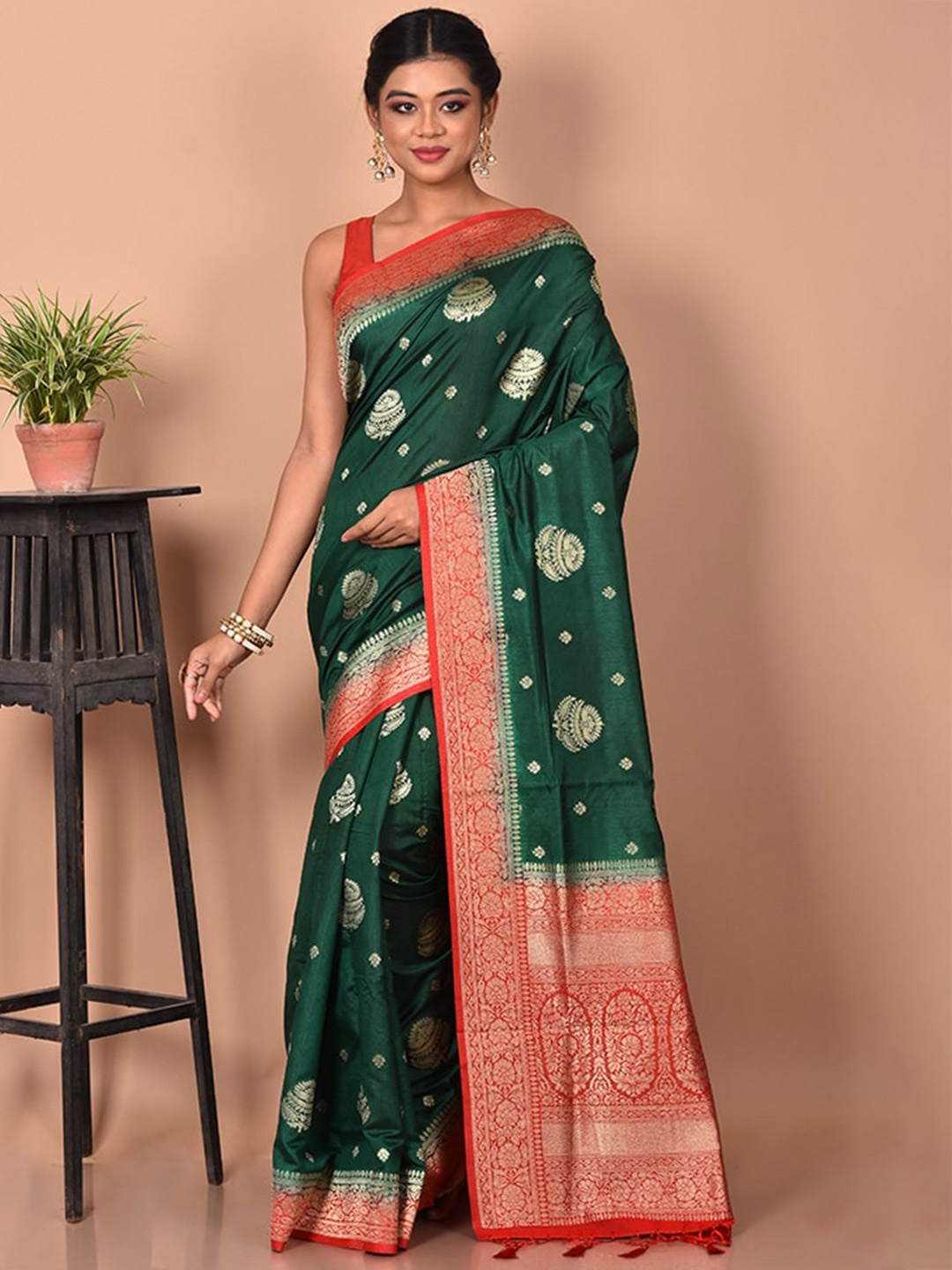 

AllSilks Green & Red Ethnic Motifs Zari Saree