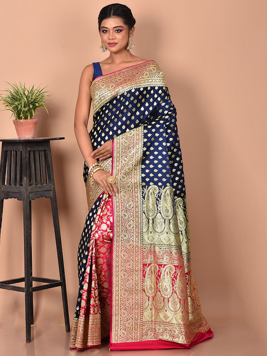 

AllSilks Blue & Pink Ethnic Motifs Zari Banarasi Saree