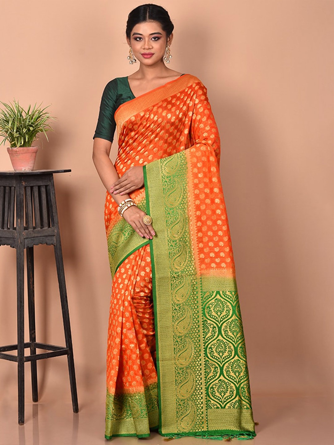 

AllSilks Orange & Green Ethnic Motifs Zari Saree