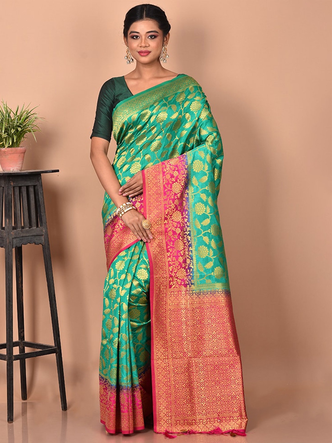

AllSilks Green & Red Ethnic Motifs Zari Saree
