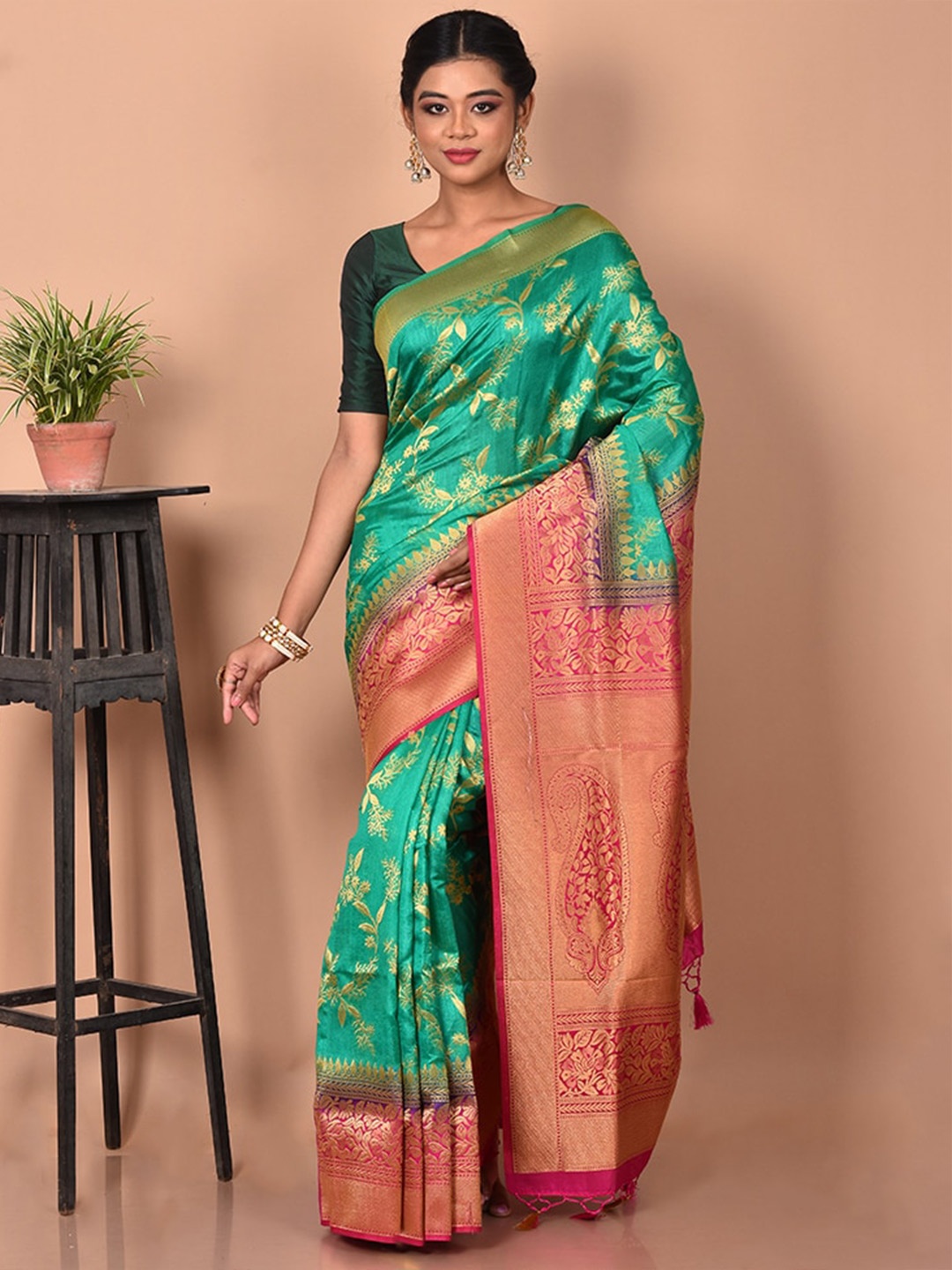 

AllSilks Green & Red Ethnic Motifs Zari Saree