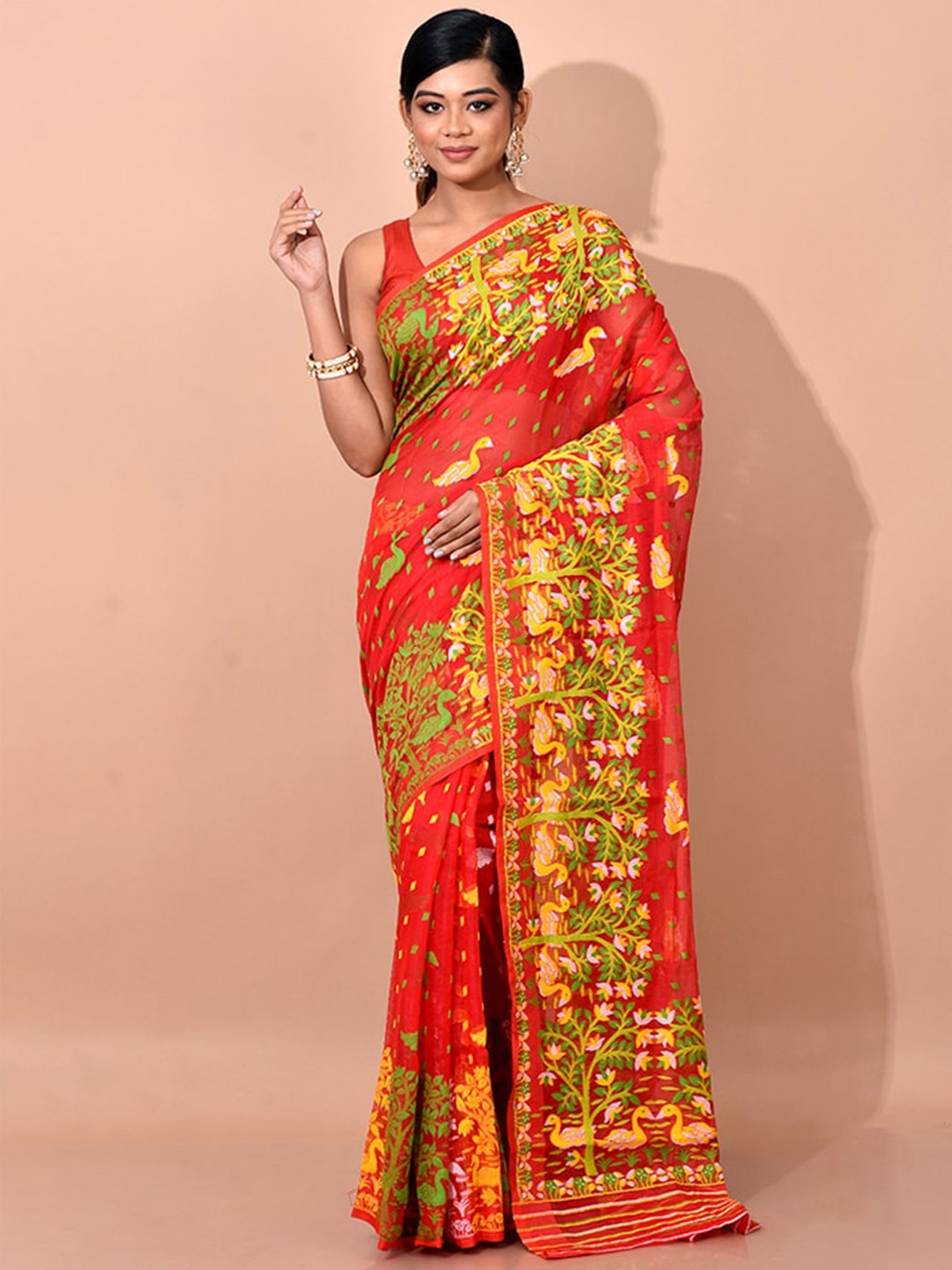 

AllSilks Red & Green Ethnic Motifs Pure Cotton Taant Saree