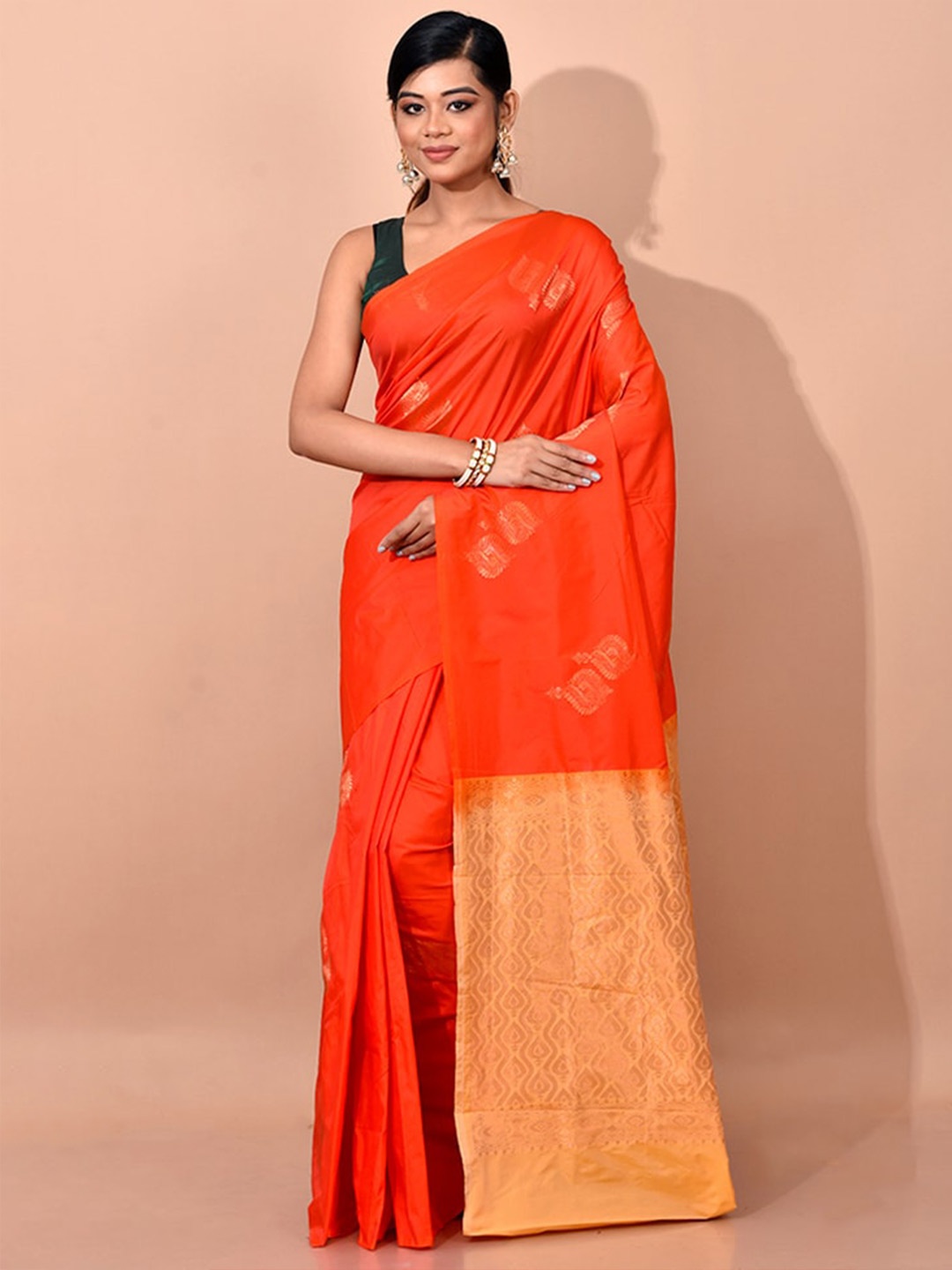 

AllSilks Orange & Gold-Toned Ethnic Motifs Zari Kanjeevaram Saree