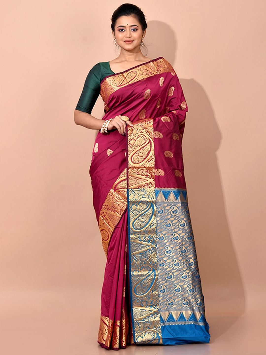 

AllSilks Purple & Blue Ethnic Motifs Zari Kanjeevaram Saree