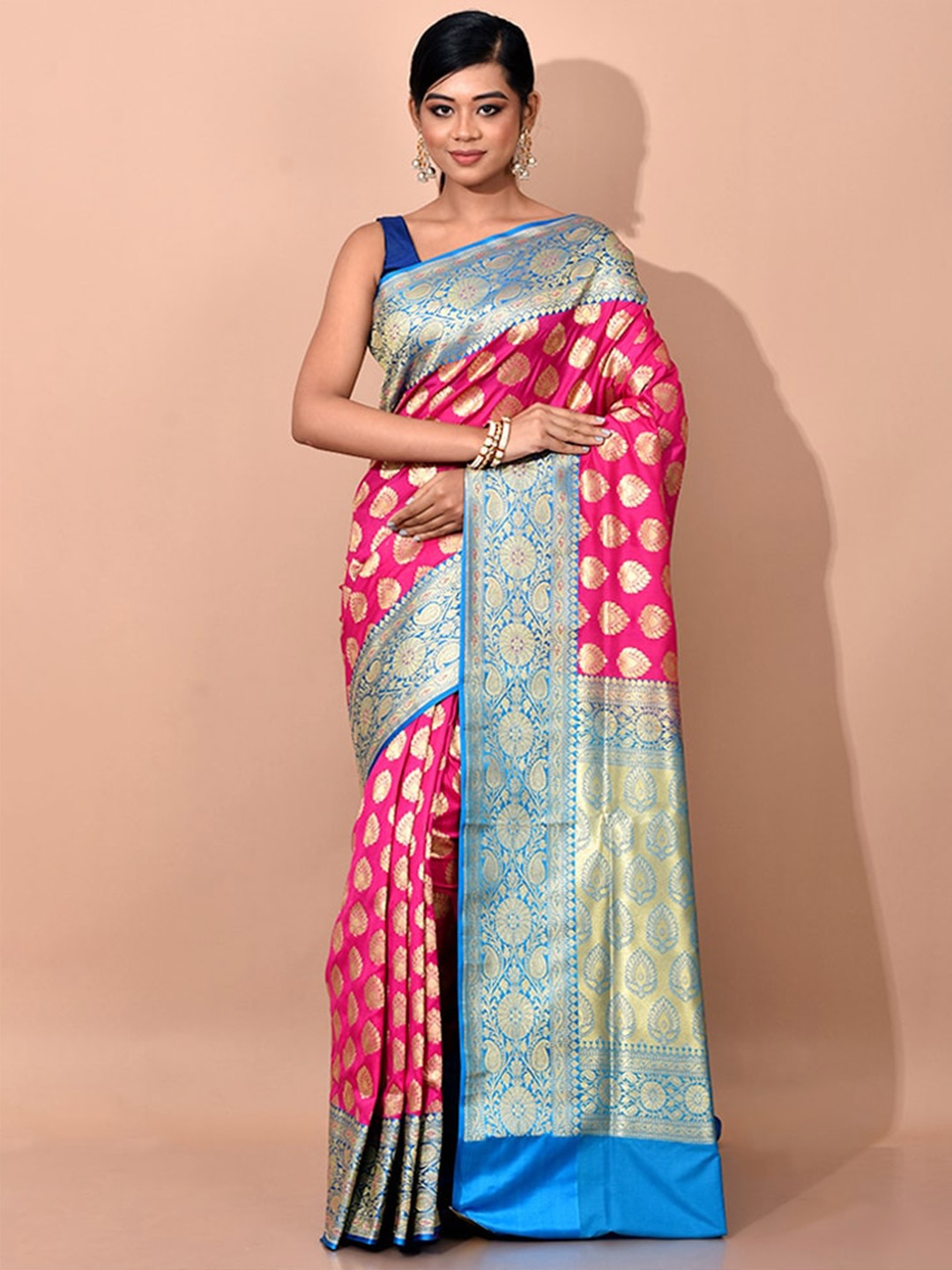

AllSilks Pink & Blue Ethnic Motifs Zari Banarasi Saree
