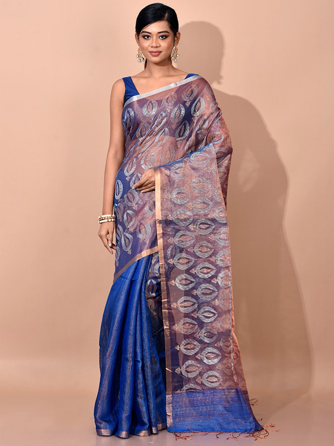 

AllSilks Blue & Gold-Toned Ethnic Motifs Zari Pure Silk Saree