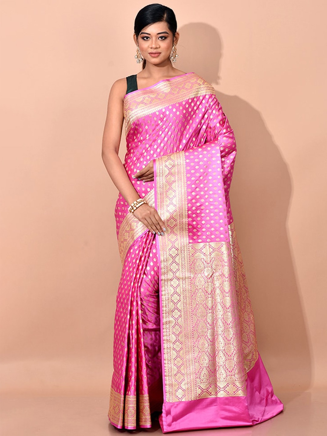 

AllSilks Pink & Gold-Toned Ethnic Motifs Zari Banarasi Saree