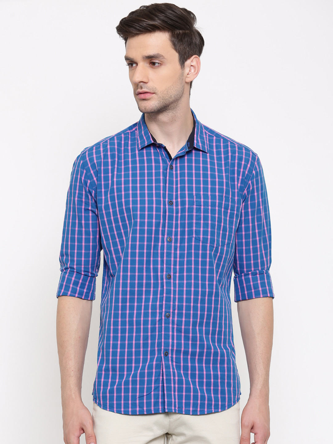 

British Club Men Blue & Pink Slim Fit Checked Casual Shirt