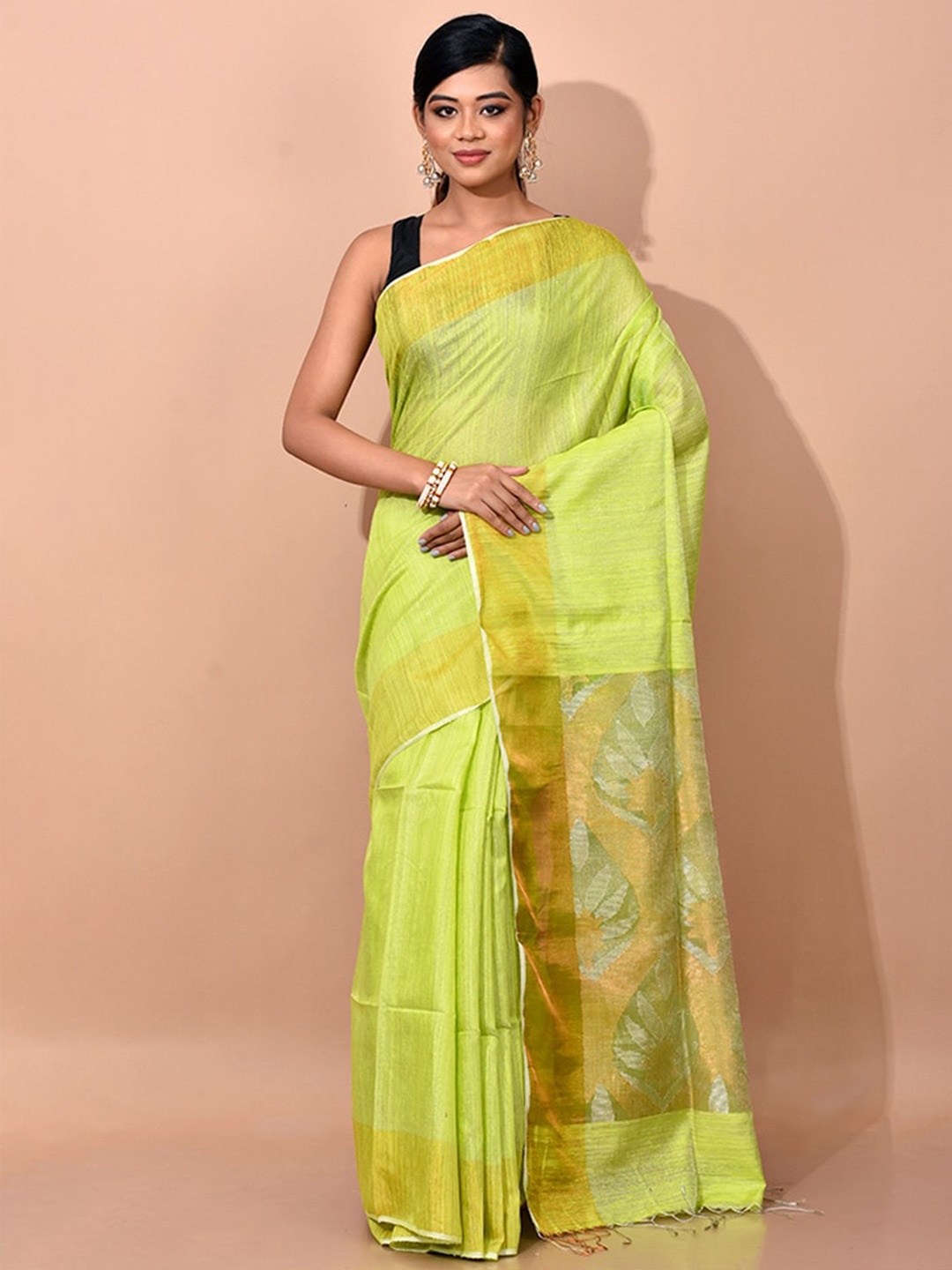 

AllSilks Green & Gold-Toned Zari Pure Silk Saree