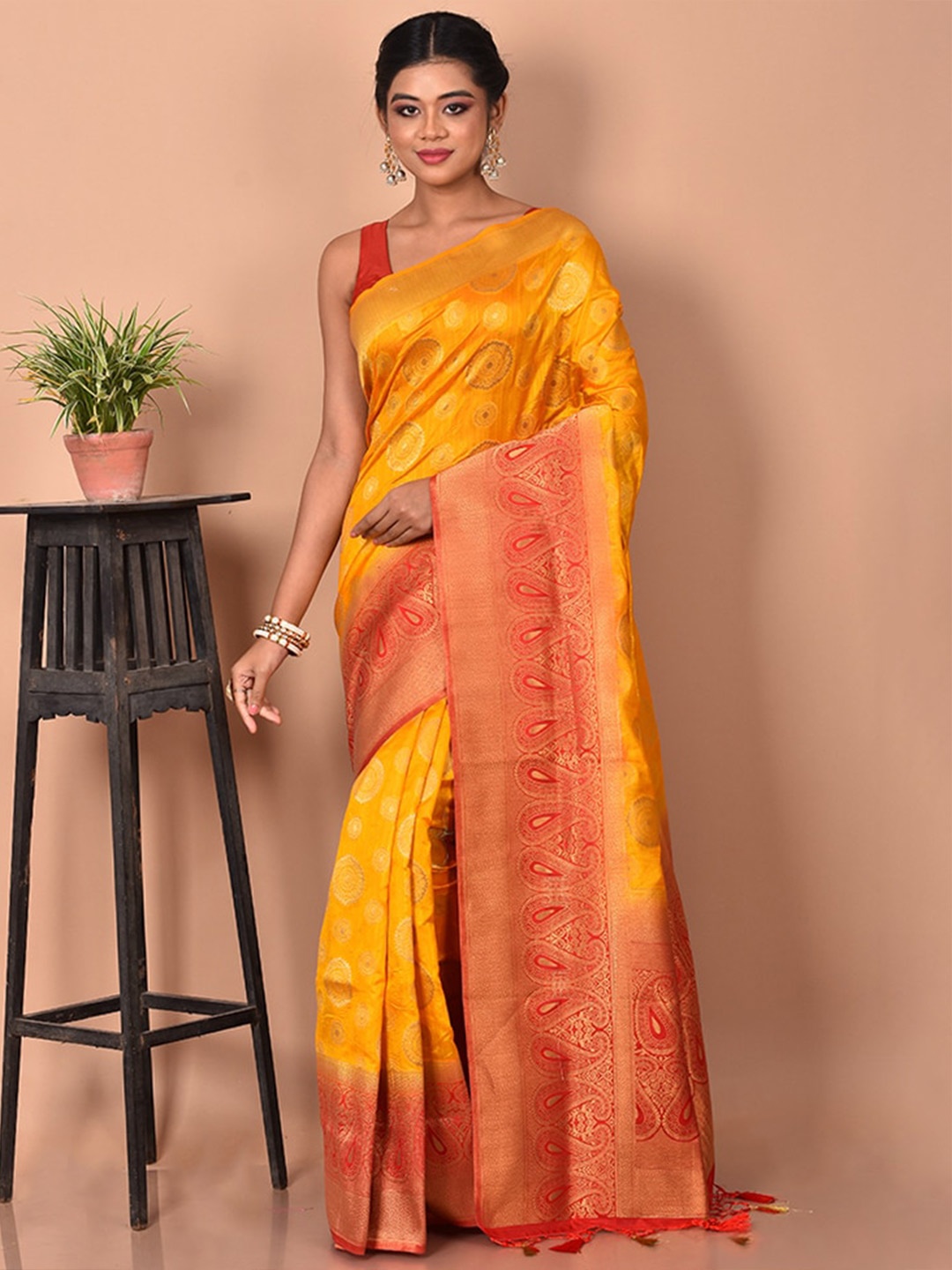 

AllSilks Yellow & Red Woven Design Zari Silk Blend Saree