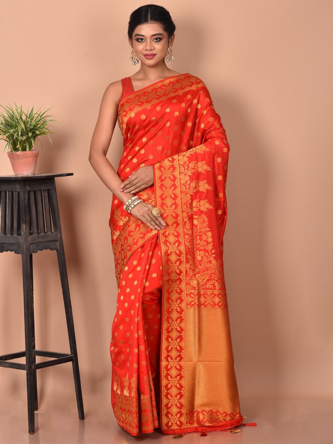 

AllSilks Red & Gold-Toned Ethnic Motifs Zari Saree