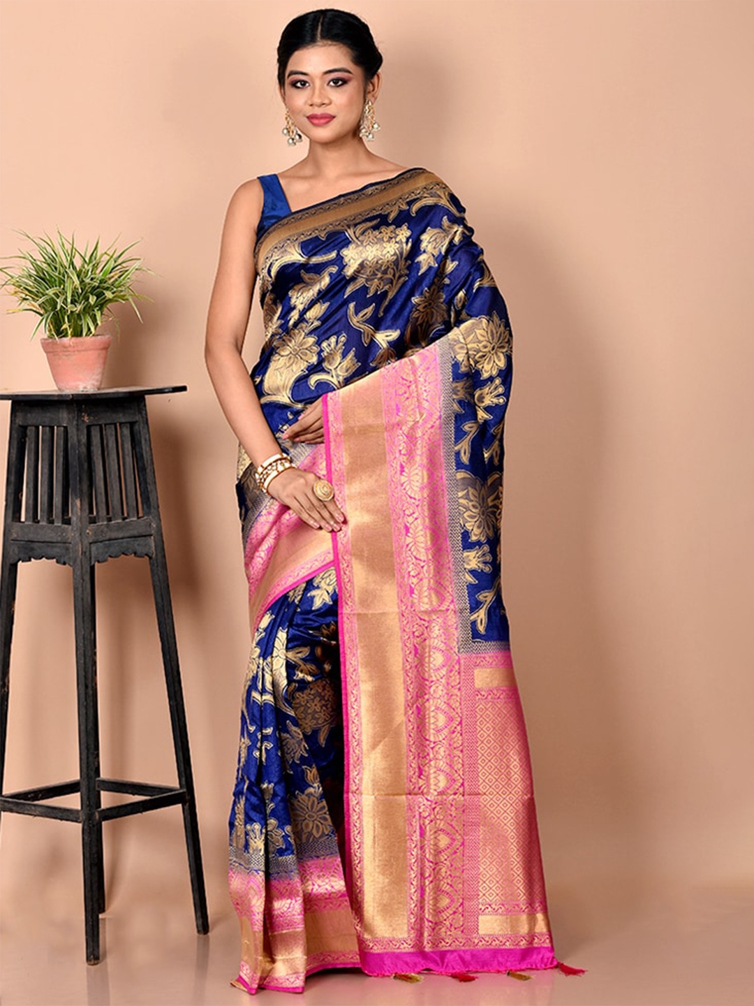 

AllSilks Blue & Pink Ethnic Motifs Zari Saree