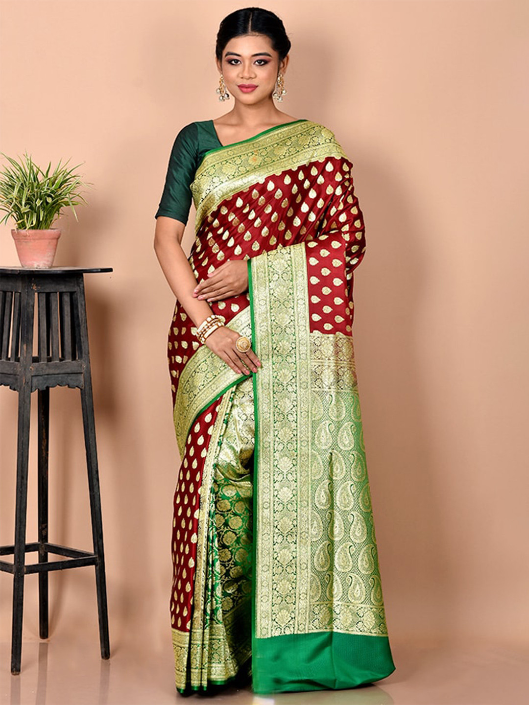 

AllSilks Maroon & Green Ethnic Motifs Zari Banarasi Saree