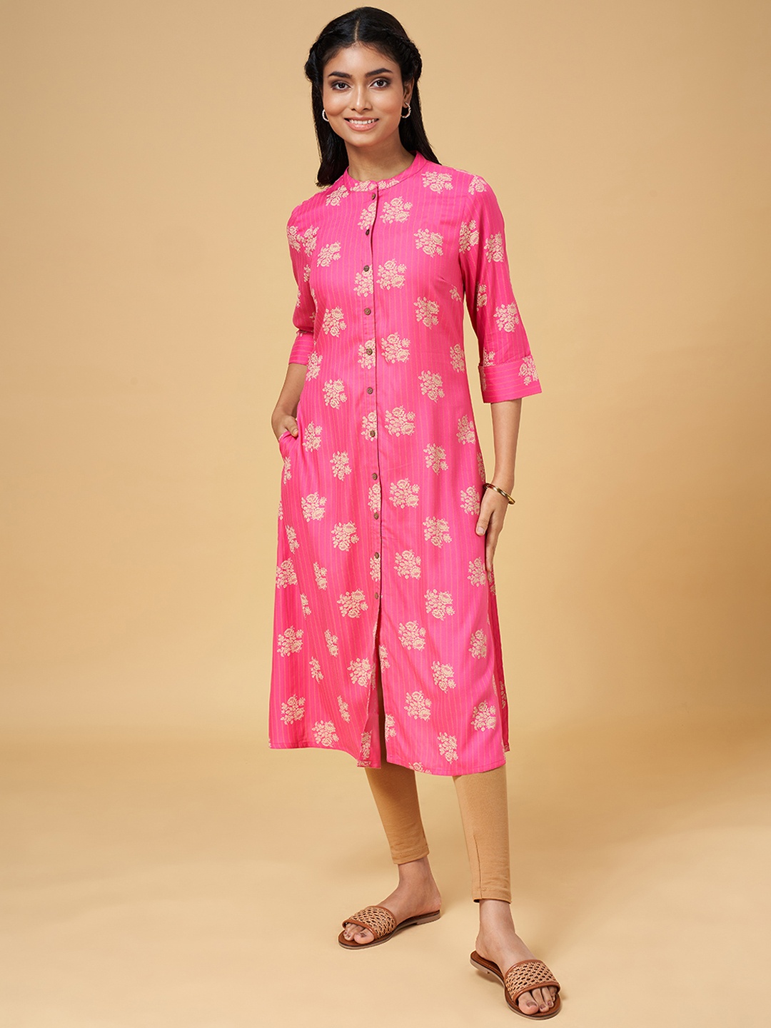 

YU by Pantaloons Women Pink & Yellow Floral Printed A-Line Kurta