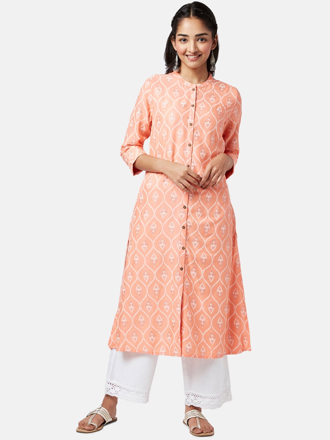 

YU by Pantaloons Women Peach Ethnic Motifs Printed Cotton Kurta