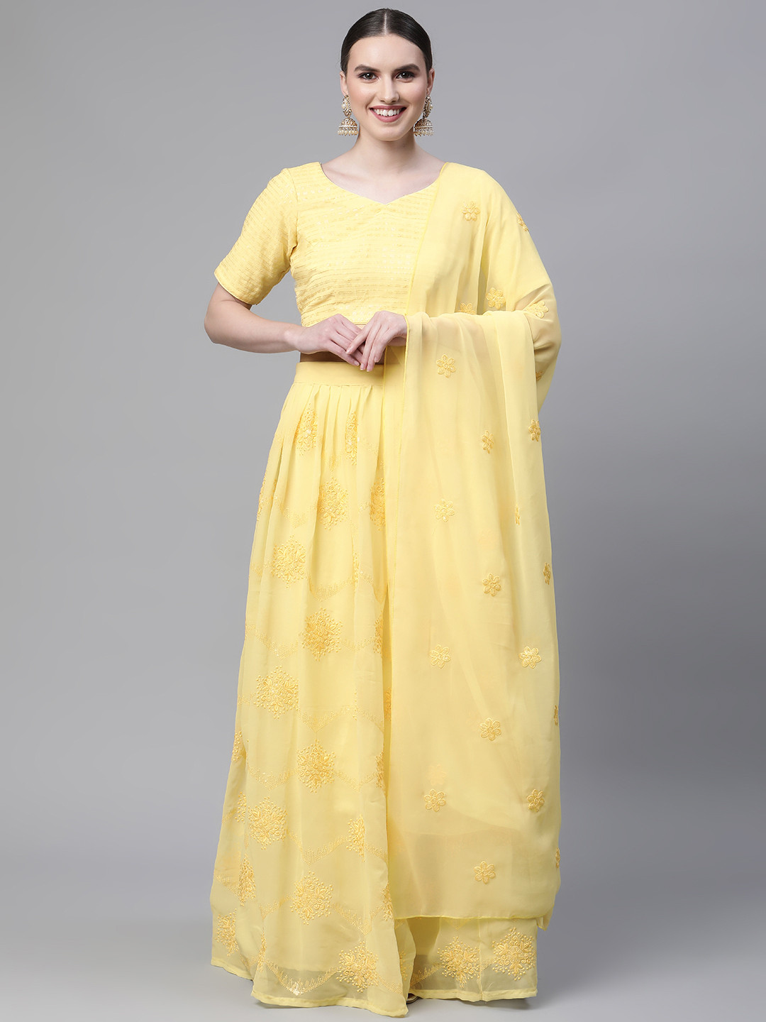 

Readiprint Fashions Embroidered Sequinned Unstitched Lehenga & Blouse With Dupatta, Yellow