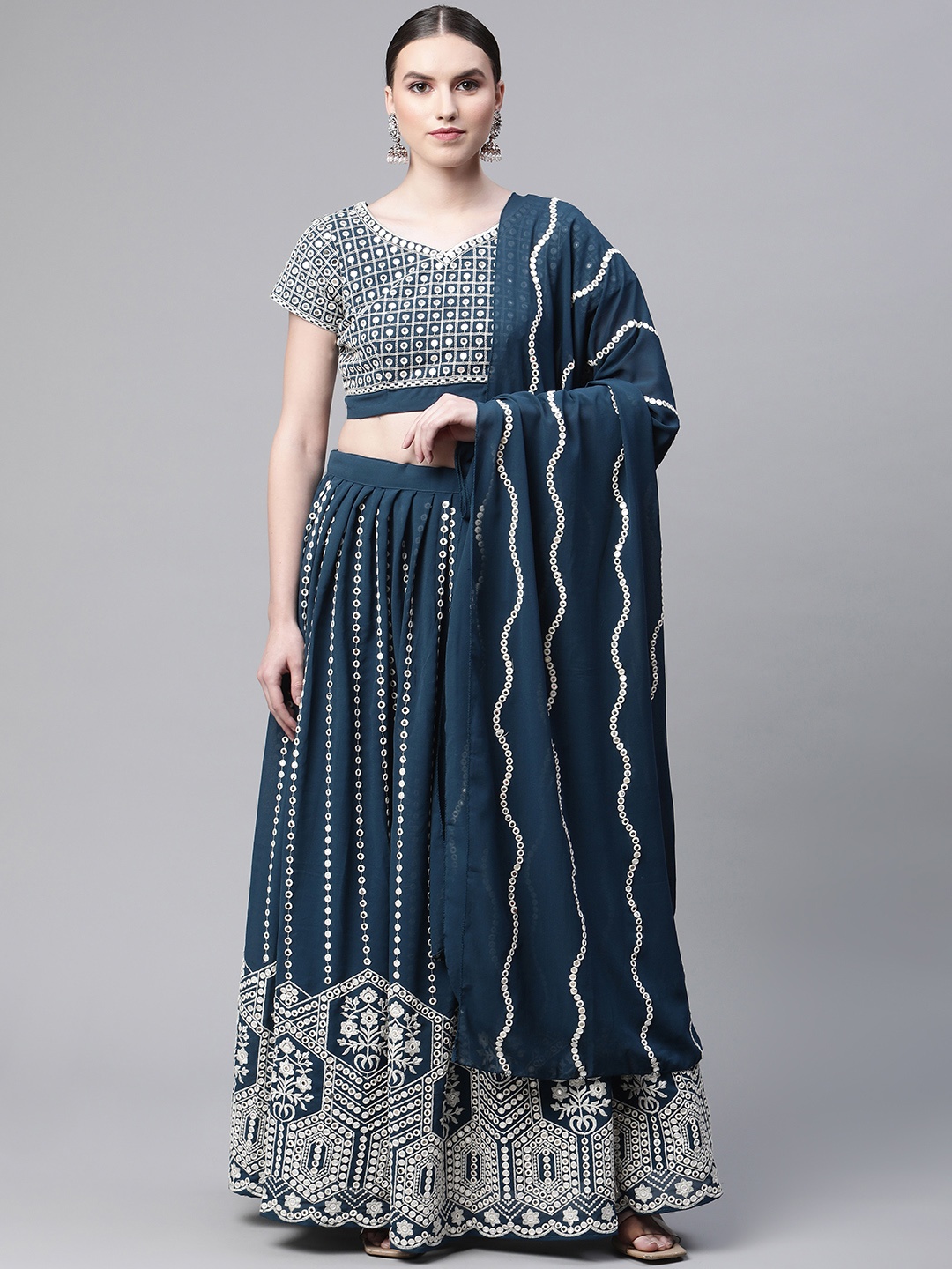 

Readiprint Fashions Mirror Work Unstitched Lehenga & Blouse With Dupatta, Teal