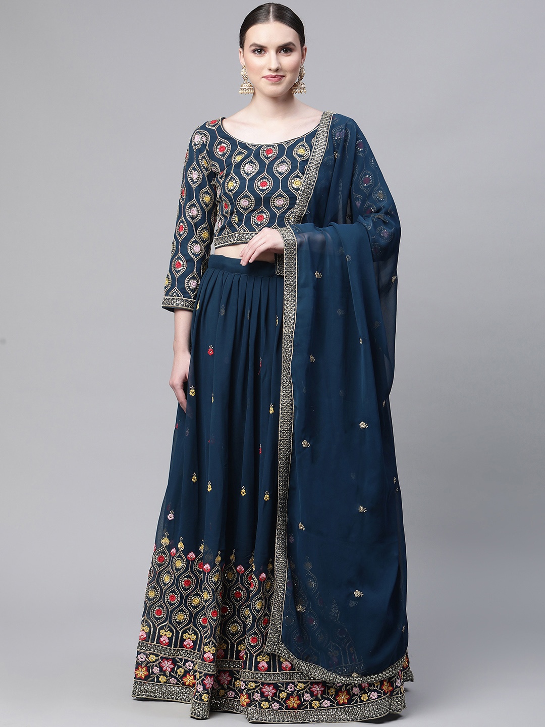 

Readiprint Fashions Embroidered Unstitched Lehenga & Blouse With Dupatta, Blue
