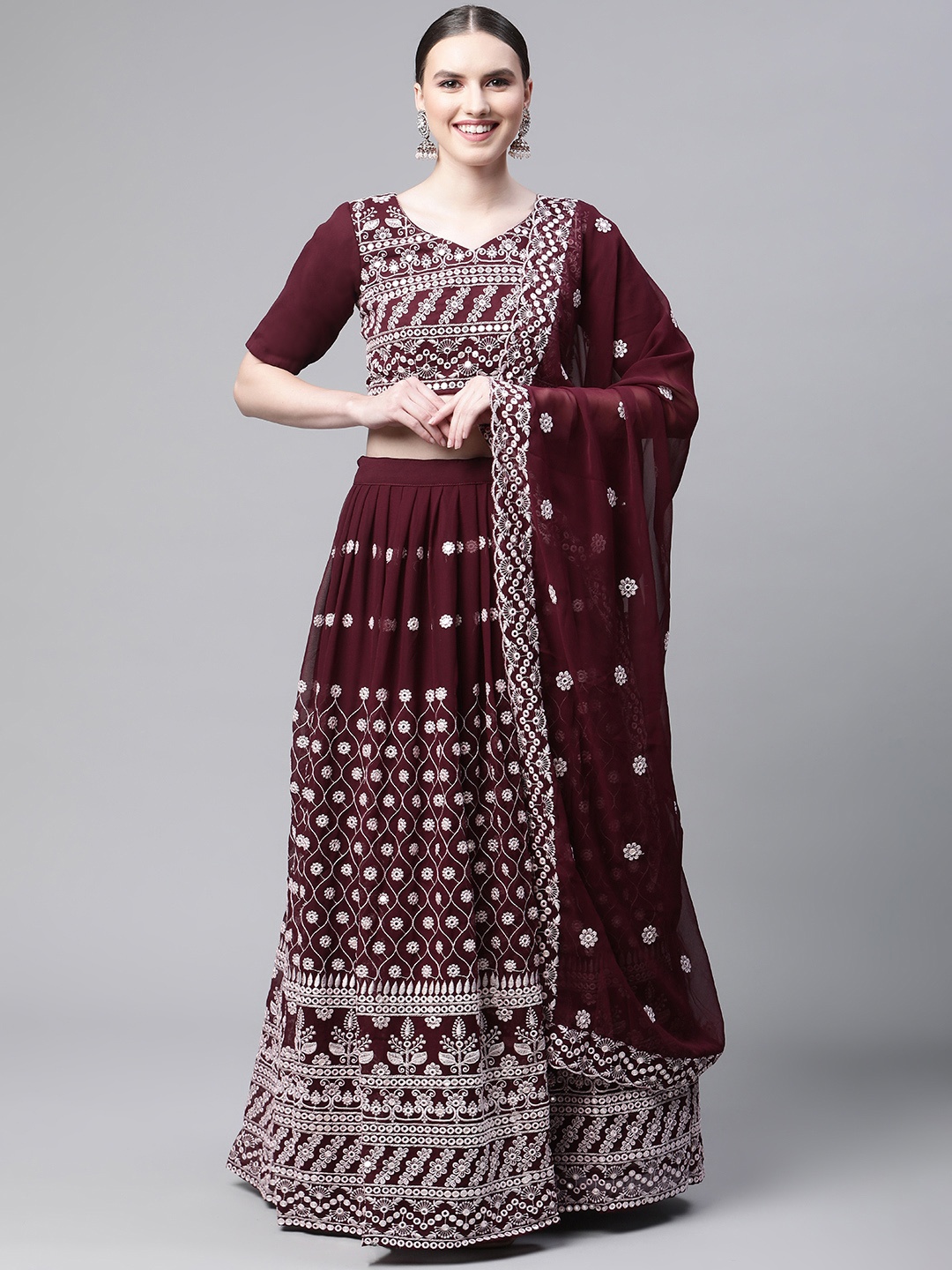 

Readiprint Fashions Georgette Embroidered Unstitched Lehenga & Blouse With Dupatta, Maroon