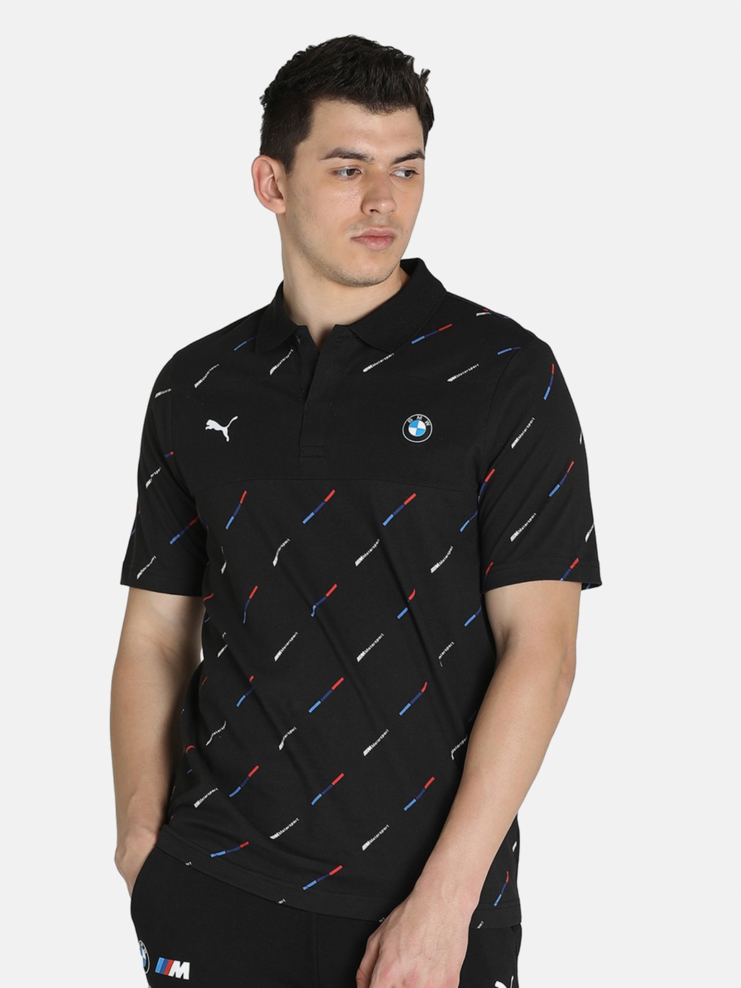 

PUMA Motorsport Men Black Brand Logo Printed Polo Collar Cotton T-shirt