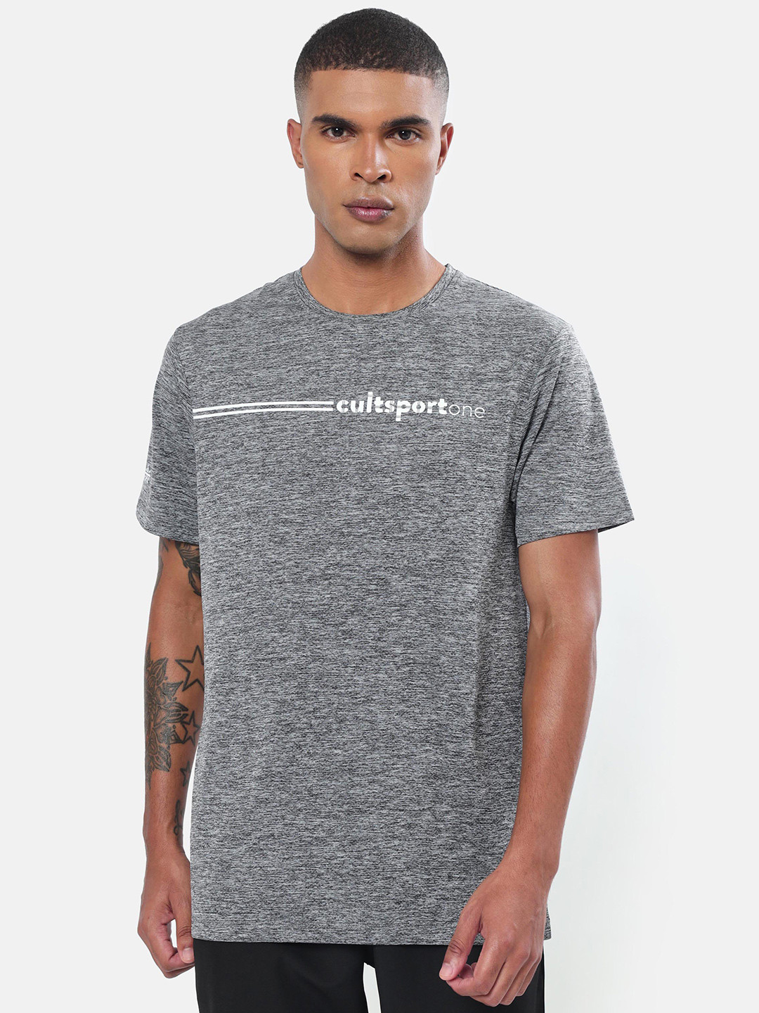 

cultsportone Men Grey Typography Printed Moisture Wicking Workout T-shirt