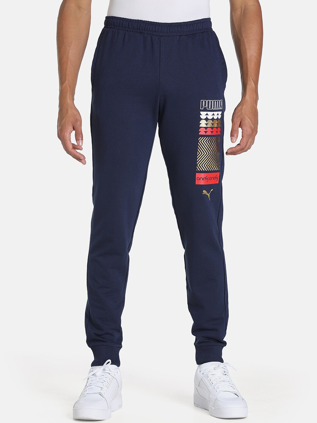 

one8 x PUMA Men Navy Blue Gold Foil Cotton Joggers