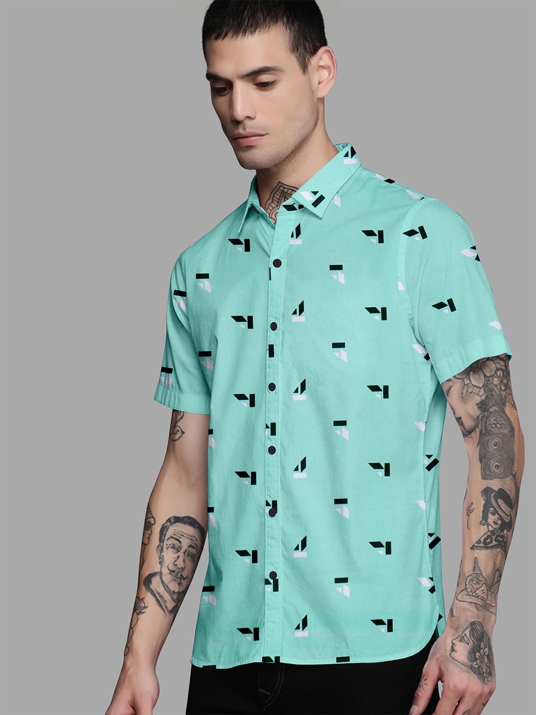 

Fashion FRICKS Men Sea Green Standard Semi Sheer Printed Casual Shirt