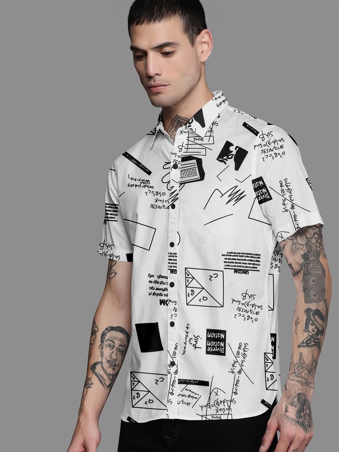 

Fashion FRICKS Men White Standard Semi Sheer Printed Casual Shirt