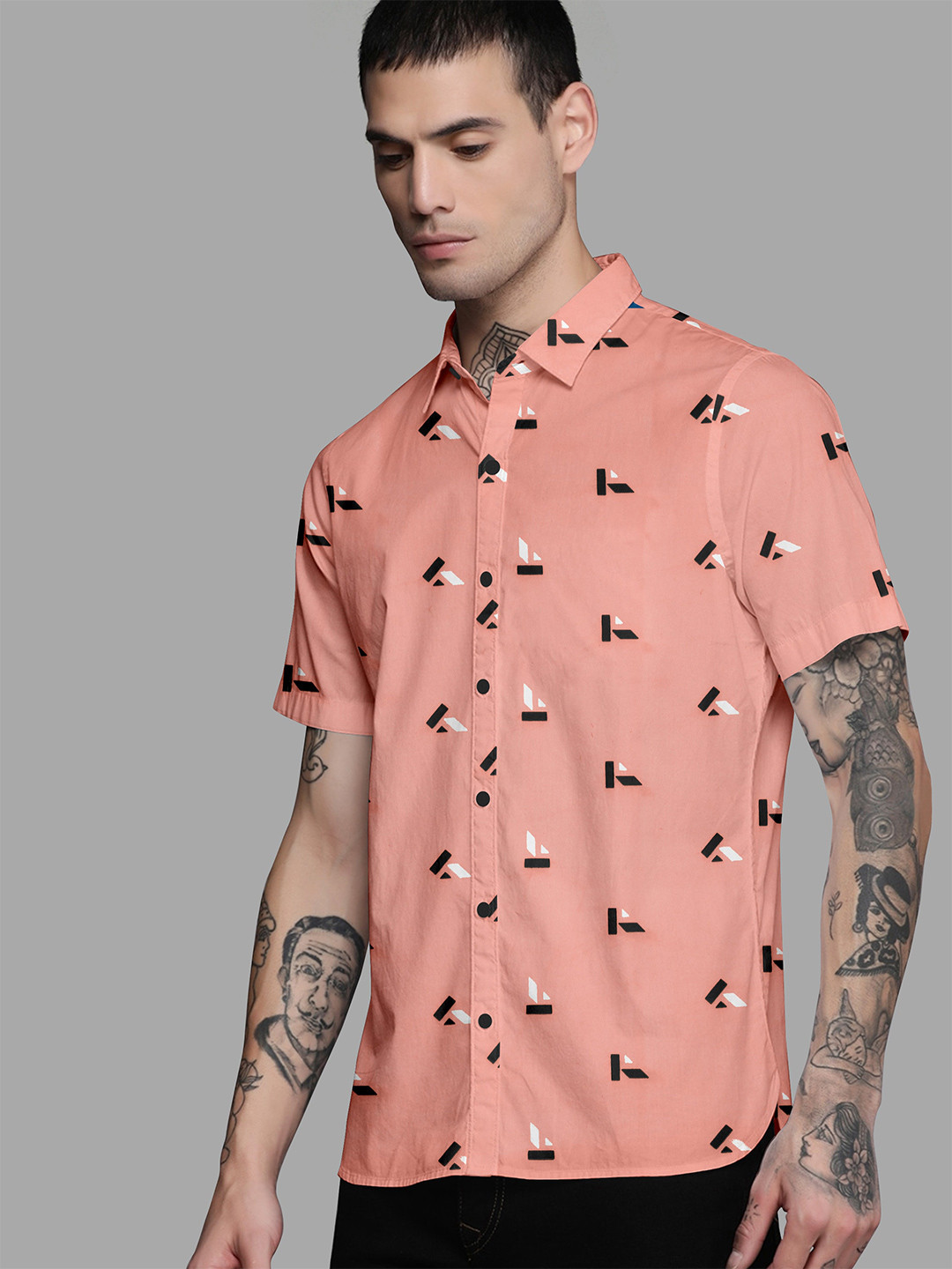 

Fashion FRICKS Men Peach Standard Semi Sheer Printed Casual Shirt