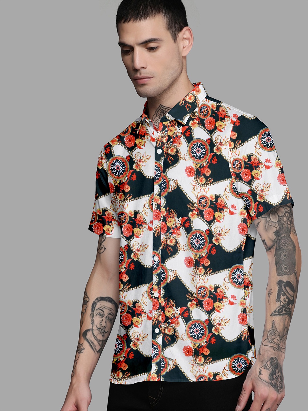 

Fashion FRICKS Men White Standard Floral Semi Sheer Printed Casual Shirt