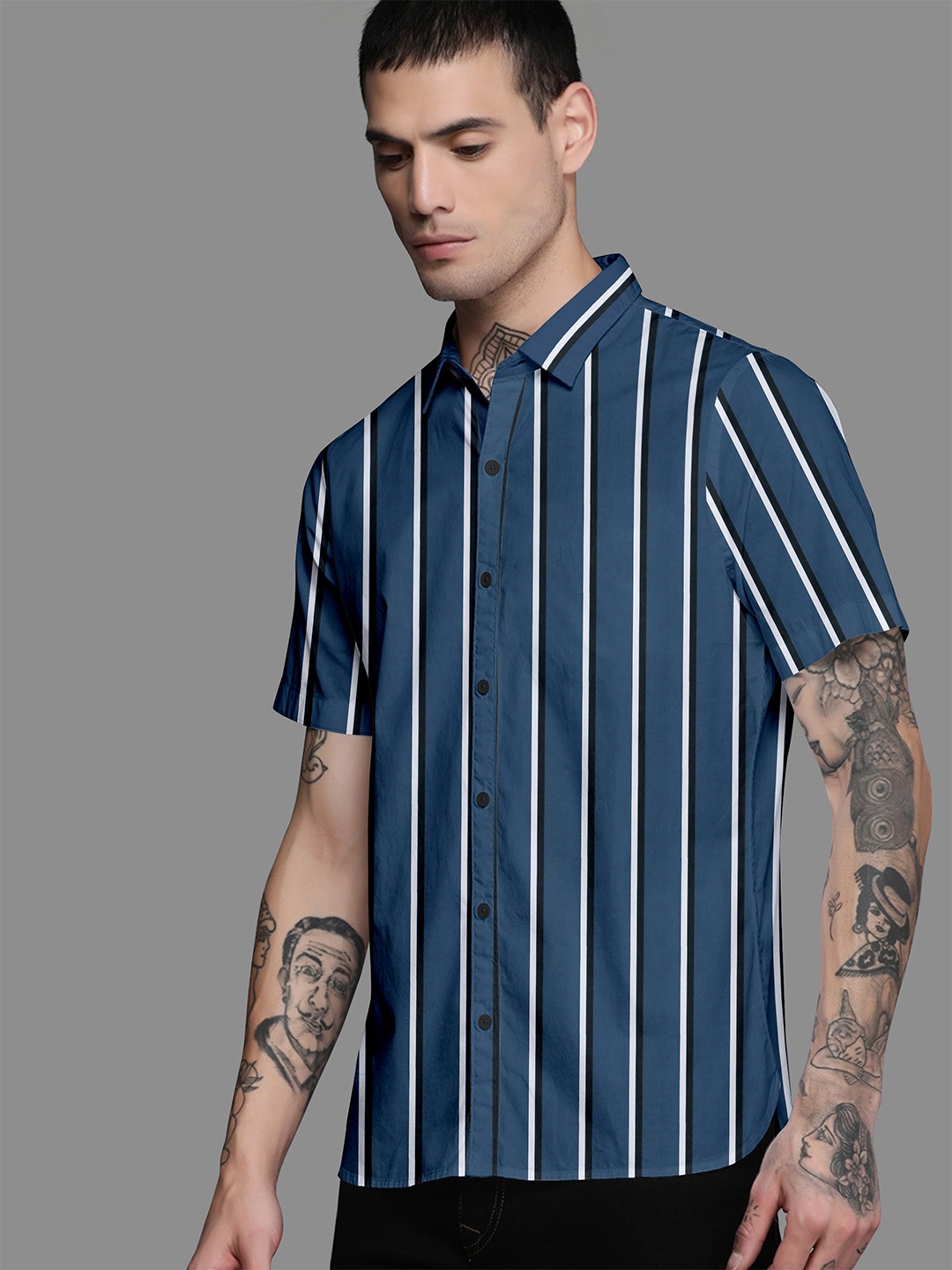 

Fashion FRICKS Men Navy Blue Standard Semi Sheer Striped Casual Shirt