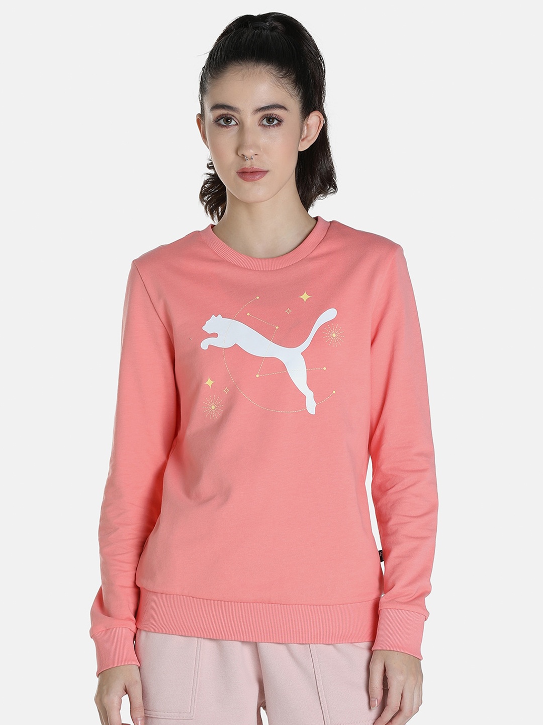 

Puma Women Regular Fit Graphic Crew Printed Cotton Sweatshirt, Pink