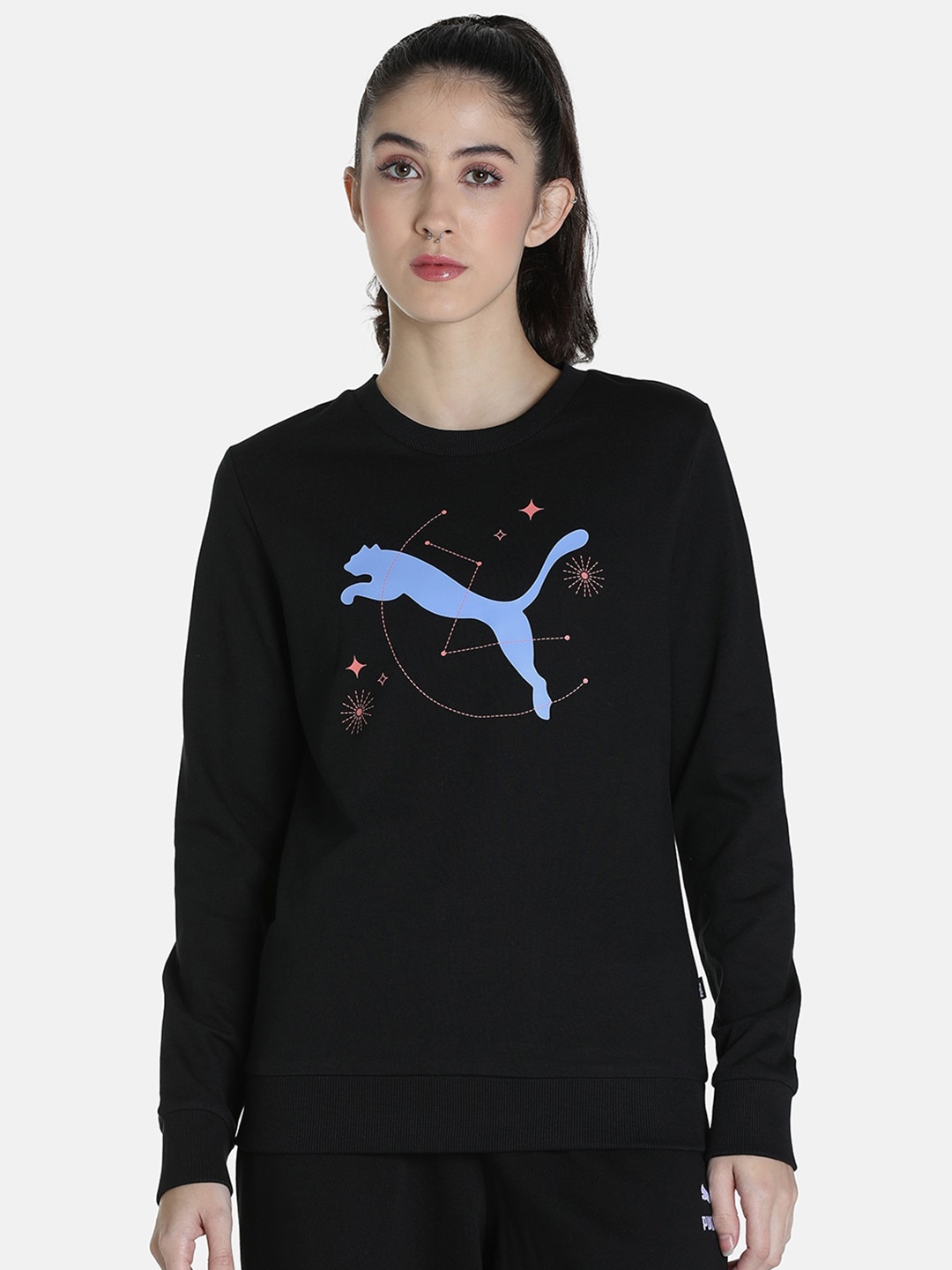

Puma Women Black Graphic Crew Printed Cotton Regular Fit Sweatshirt